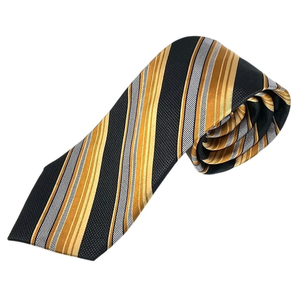 PAUL FREDRICK Black Gold Striped Silk Tie Classic Bold Old Money Retro